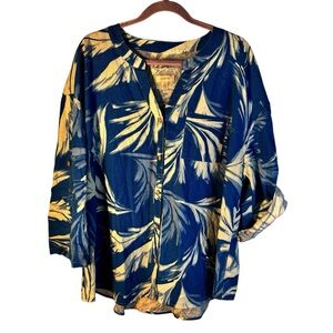 Cupio Blue and White Leaf Print Shirt Linen Blend Size 2X‎